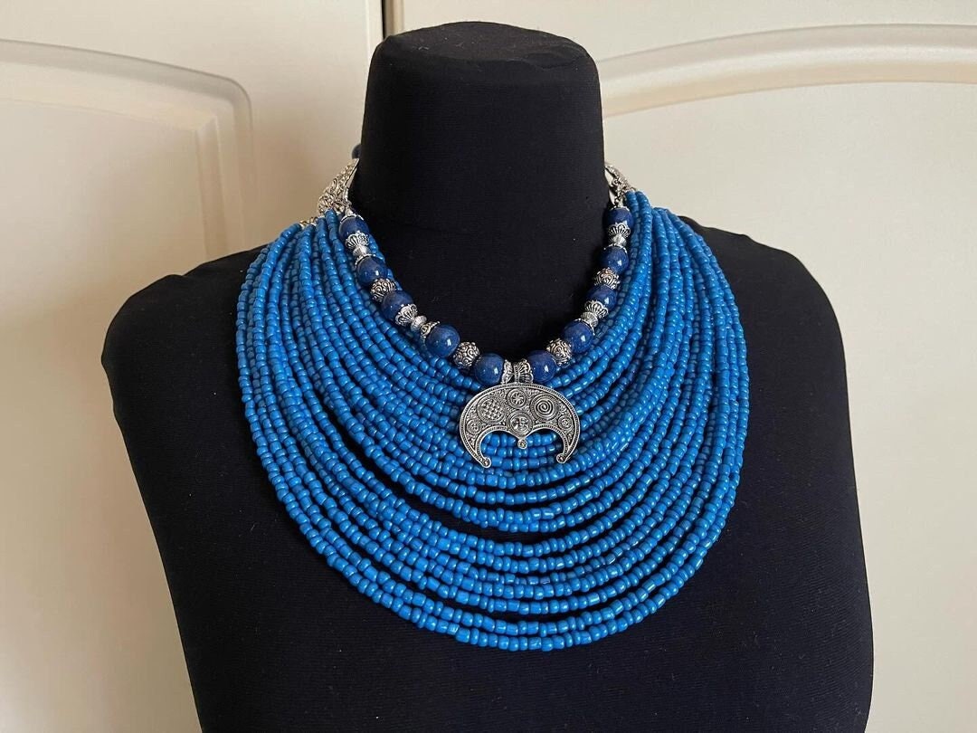 Blue Ukrainian Traditional Beaded Necklace - Ethnic Multirow Jewelry with Antique Glass Beads