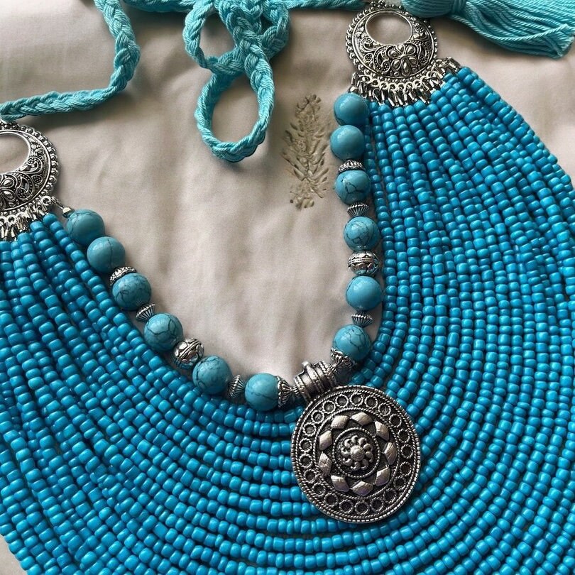 2025 Blue Ukrainian Traditional necklace MOTHERS DAY GIFT Jewelry Ethnic Multirow Necklace of Pressed Coral with contempt Gift for Her