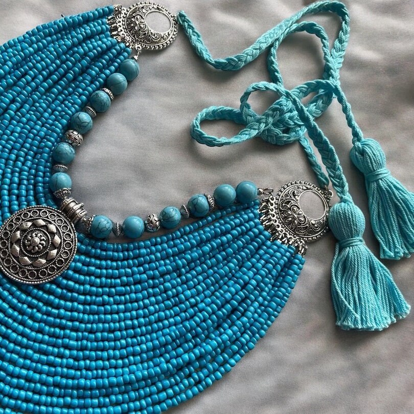 2025 Blue Ukrainian Traditional necklace MOTHERS DAY GIFT Jewelry Ethnic Multirow Necklace of Pressed Coral with contempt Gift for Her