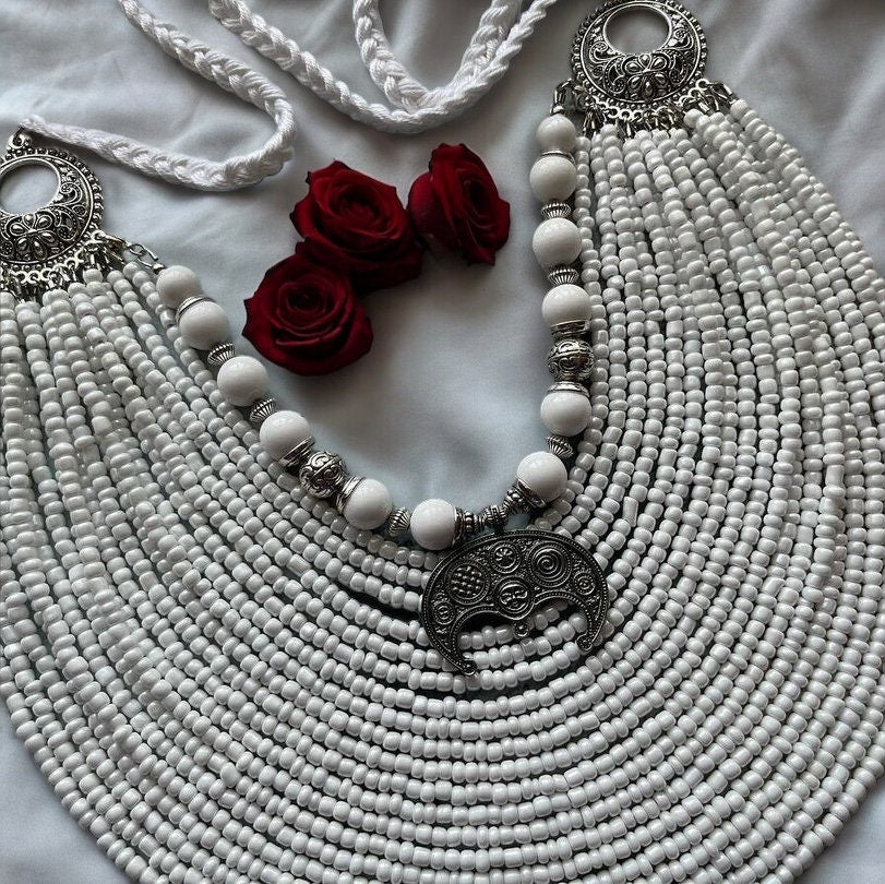 White Beaded Handmade Ukrainian Long Necklace for Women