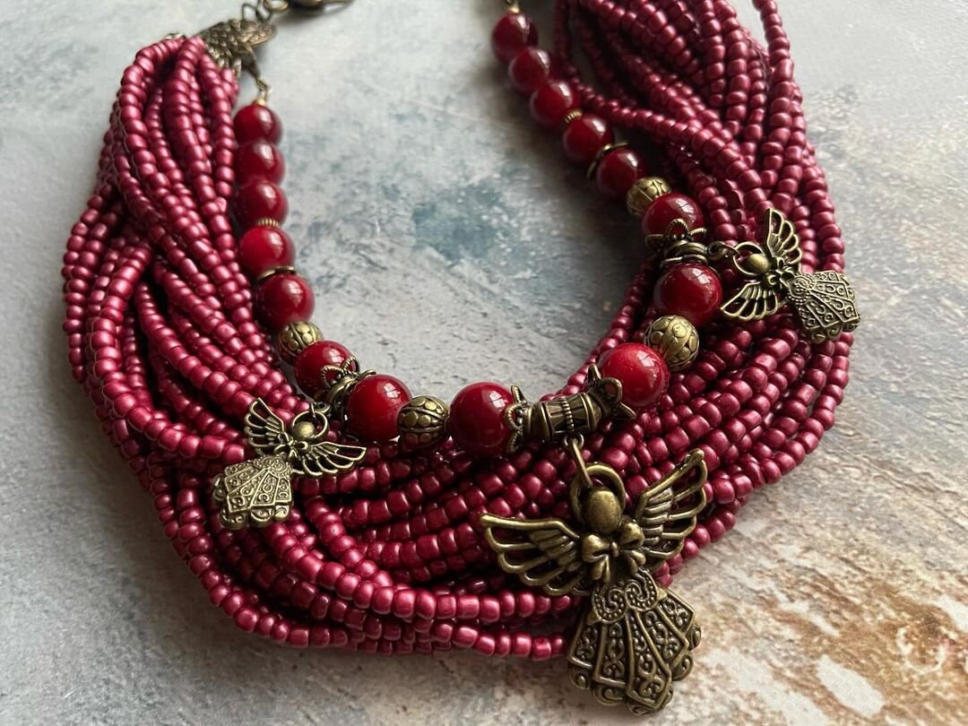 Ukrainian Traditional Multirow Necklace of Antique Glass Beads