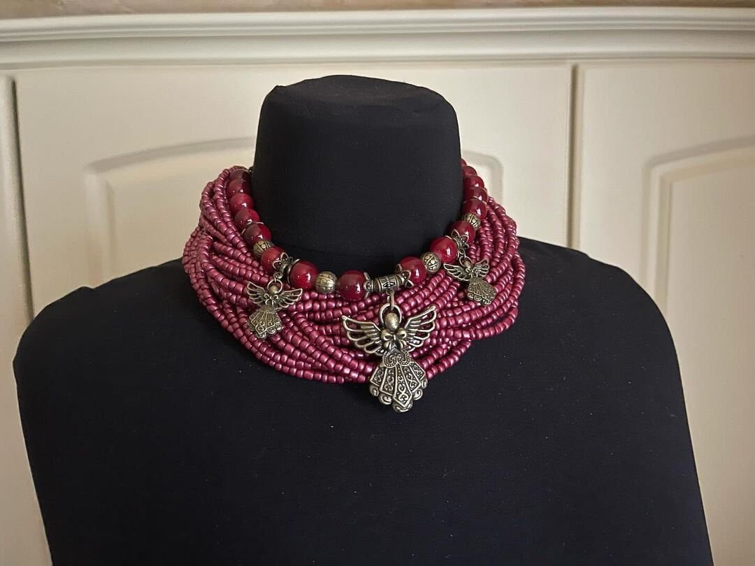 Ukrainian Traditional Multirow Necklace of Antique Glass Beads