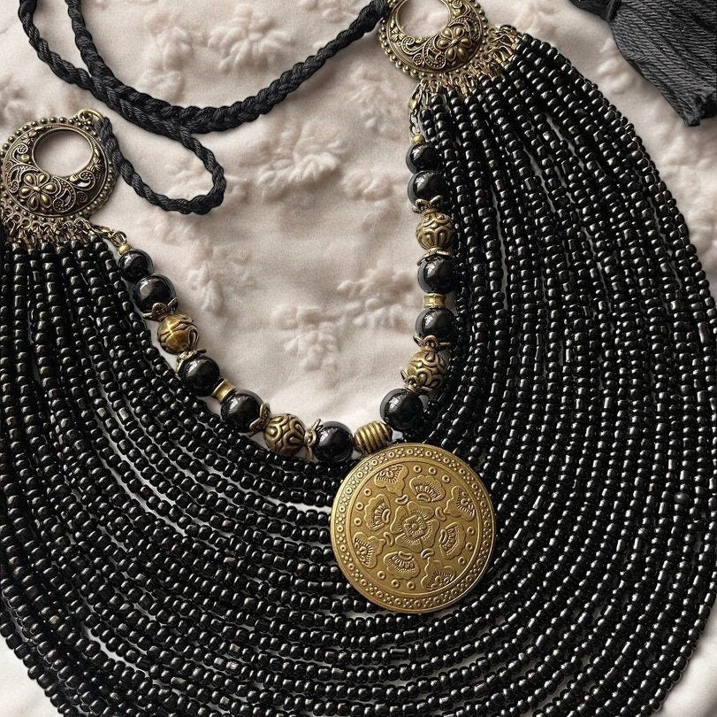 Black Necklace Traditional Ukrainian Jewellery Ethnic Slavic Necklace Multi-row Necklace of Beds with Contempt Folk Costume Gift for Her