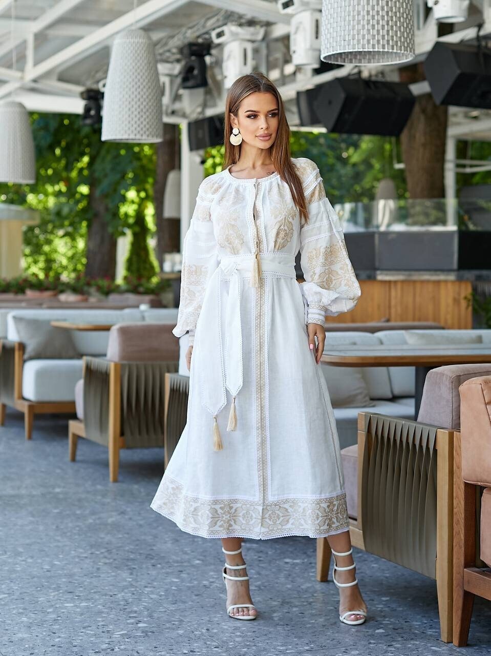 White Wedding Embroidered Linen Dress with Red Ukrainian Vyshyvanka Embroidery