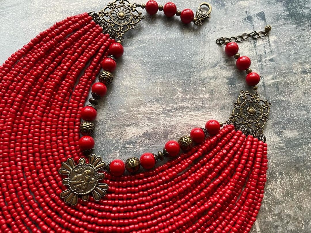 Red Ukrainian Traditional Multirow Necklace of Pressed Coral,Ethnic Jewelry for Mother's Day