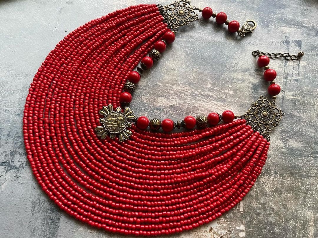Red Ukrainian Traditional Multirow Necklace of Pressed Coral,Ethnic Jewelry for Mother's Day