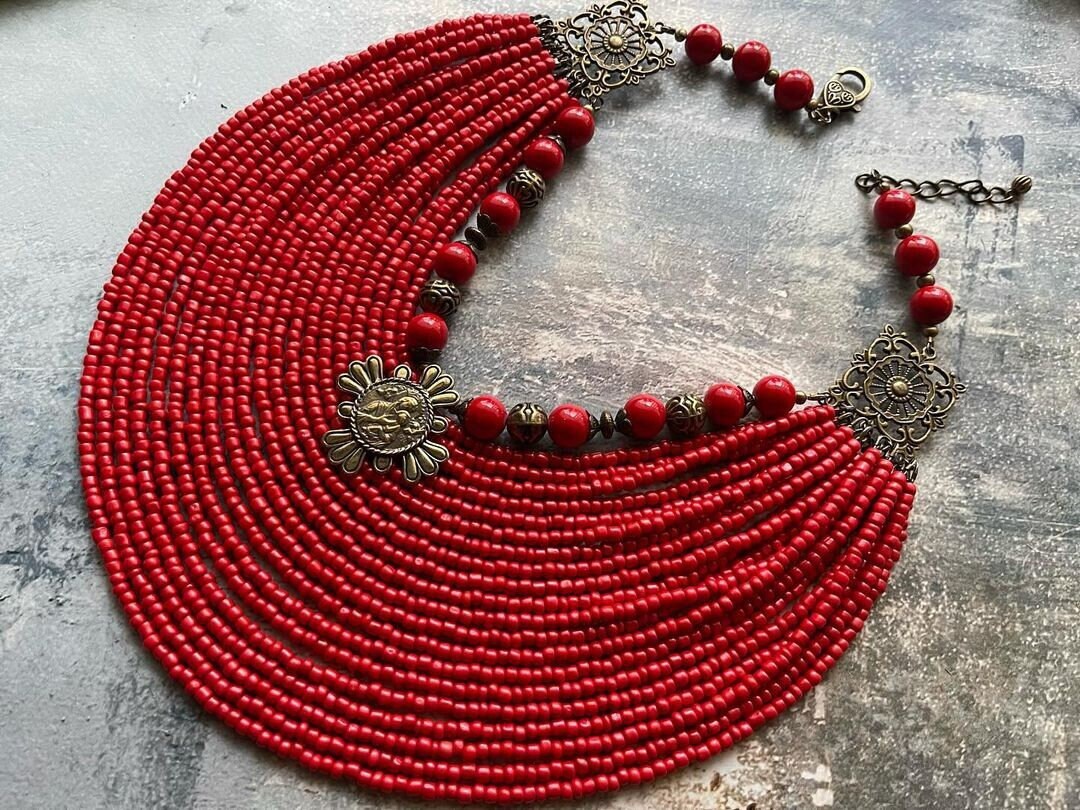 Red Ukrainian Traditional Multirow Necklace of Pressed Coral,Ethnic Jewelry for Mother's Day