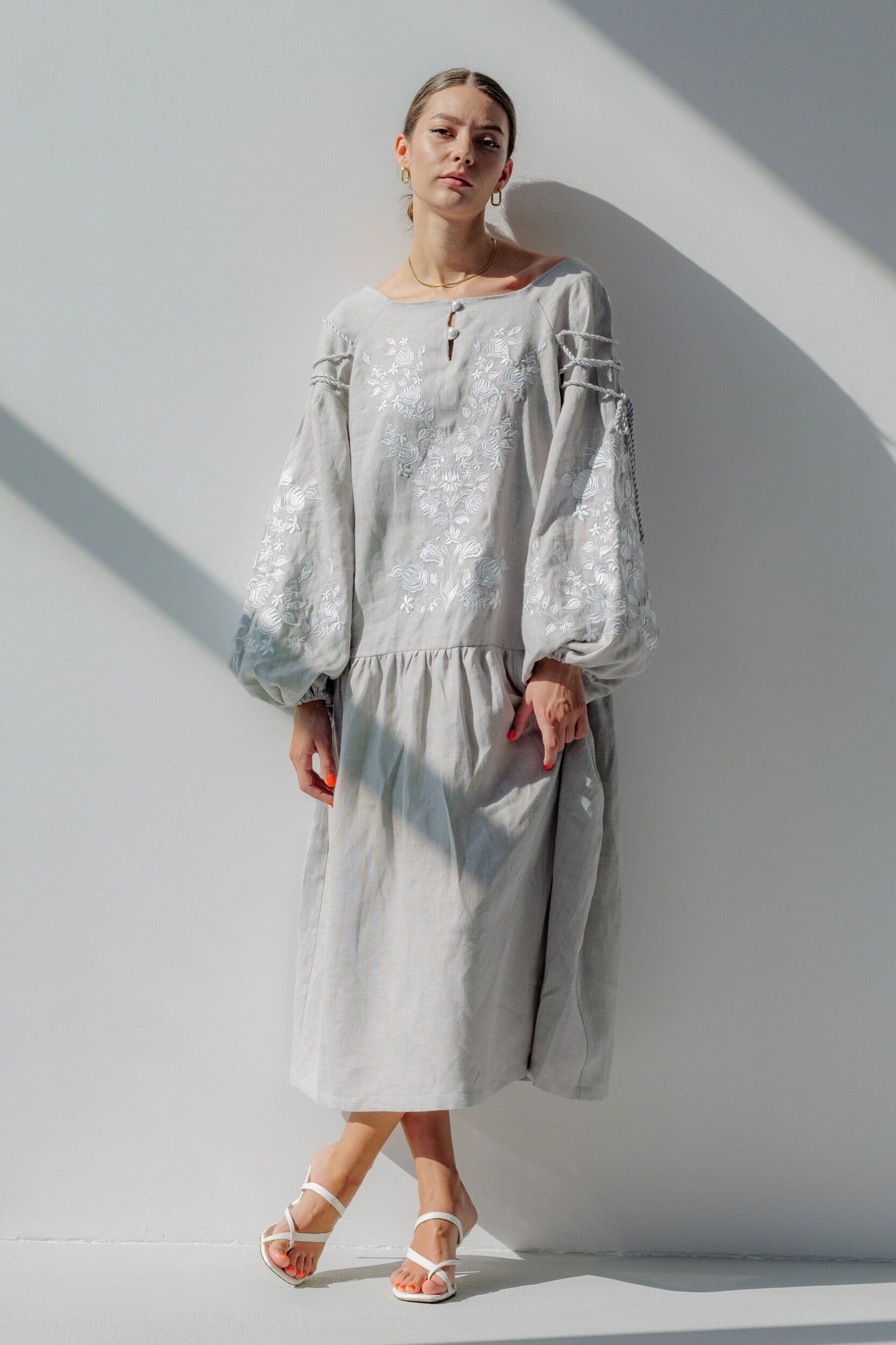 Gray Linen Vyshyvanka Dress with Exquisite Ukrainian Embroidery