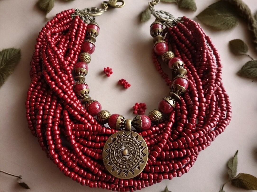Folk Necklace Red Ukrainian Traditional Glass Beads Jewellery Ethnic Necklace Beads Ukrainian Folk Costume Folklore Art Gift for Women