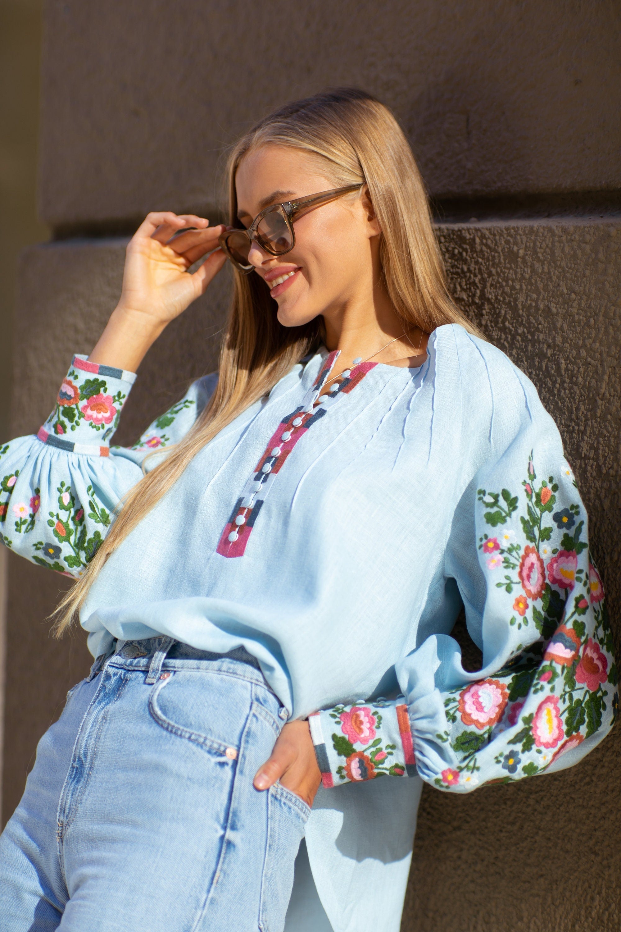 Blue Linen Embroidered Ukrainian Vyshyvanka Blouse - Boho Ethnic Style