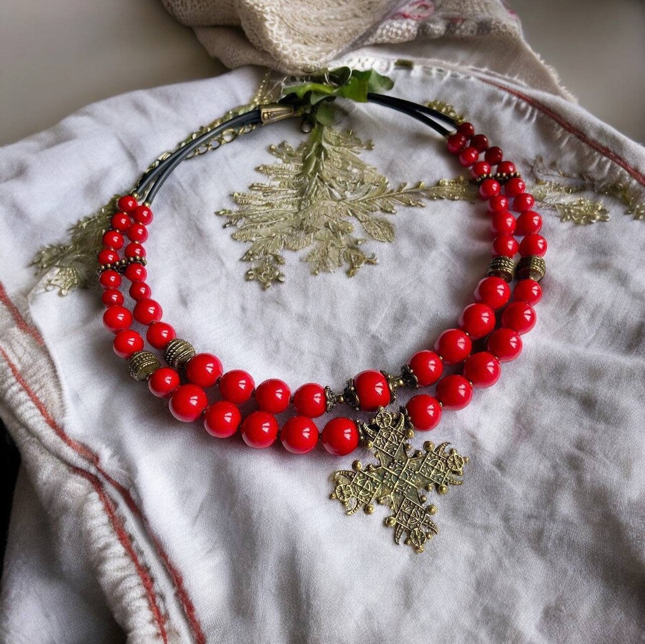 Ukrainian Pearl Cross Necklace – Handmade Red Long Necklace in Traditional Style