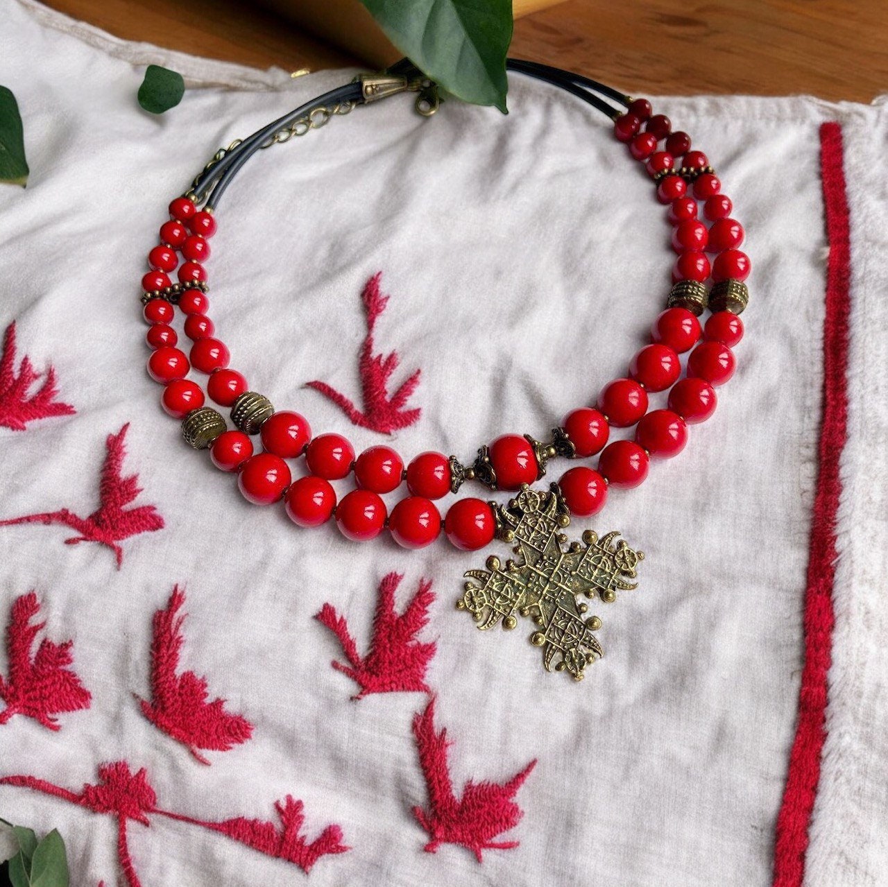 Red Ukrainian Traditional necklace Jewelry Cross Ethnic ceramics Necklace of pressed coral beads with contempt Gift for Her