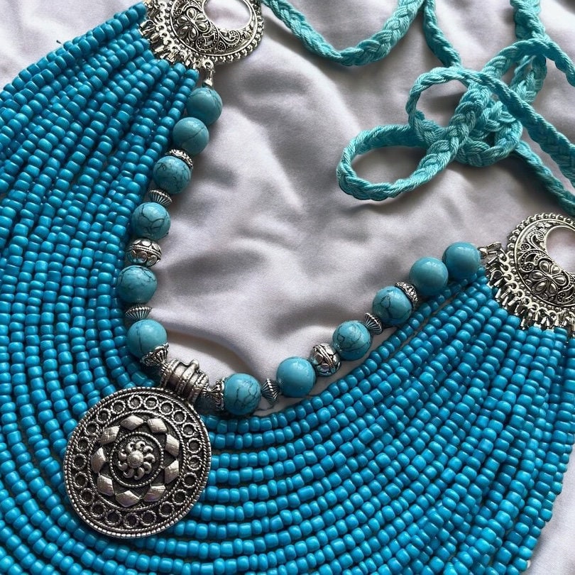 Handmade Traditional Ukrainian Blue Beaded Long Necklace for Women