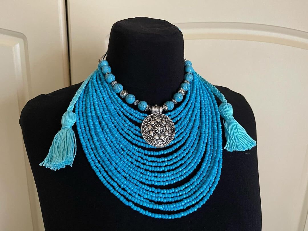 2025 Blue Ukrainian Traditional necklace MOTHERS DAY GIFT Jewelry Ethnic Multirow Necklace of Pressed Coral with contempt Gift for Her