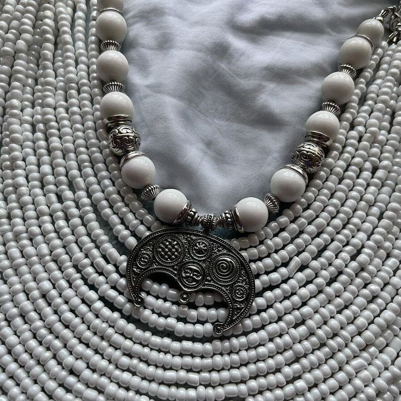 White Ukrainian Traditional necklace MOTHERS GIFT Jewelry Ethnic Multirow Necklace of glass beads with contempt Gift for Her Christmas