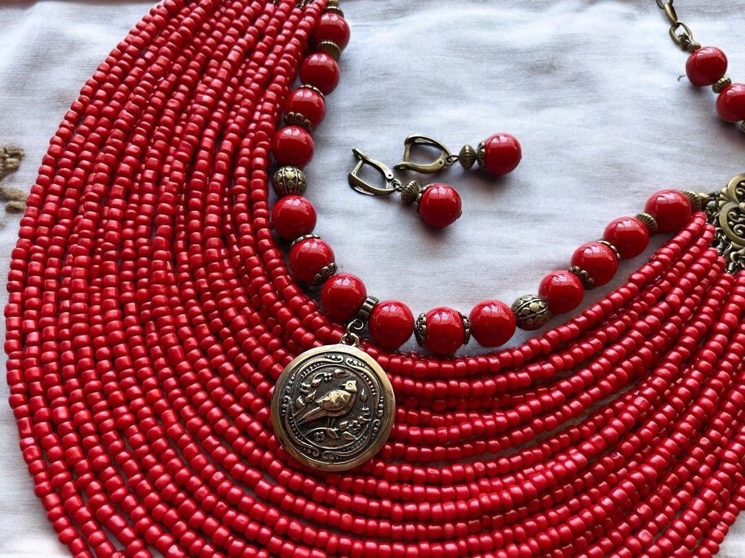 2025 SET Red Necklace & Earrings - Ukrainian Traditional Ethnic Jewelry with Glass Beads