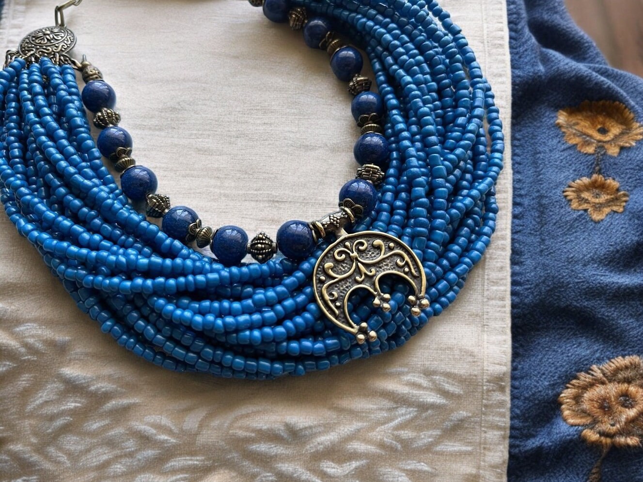 Blue Ukrainian Traditional Multirow Necklace & Earrings Set - Ethnic Ceramic & Glass Beads