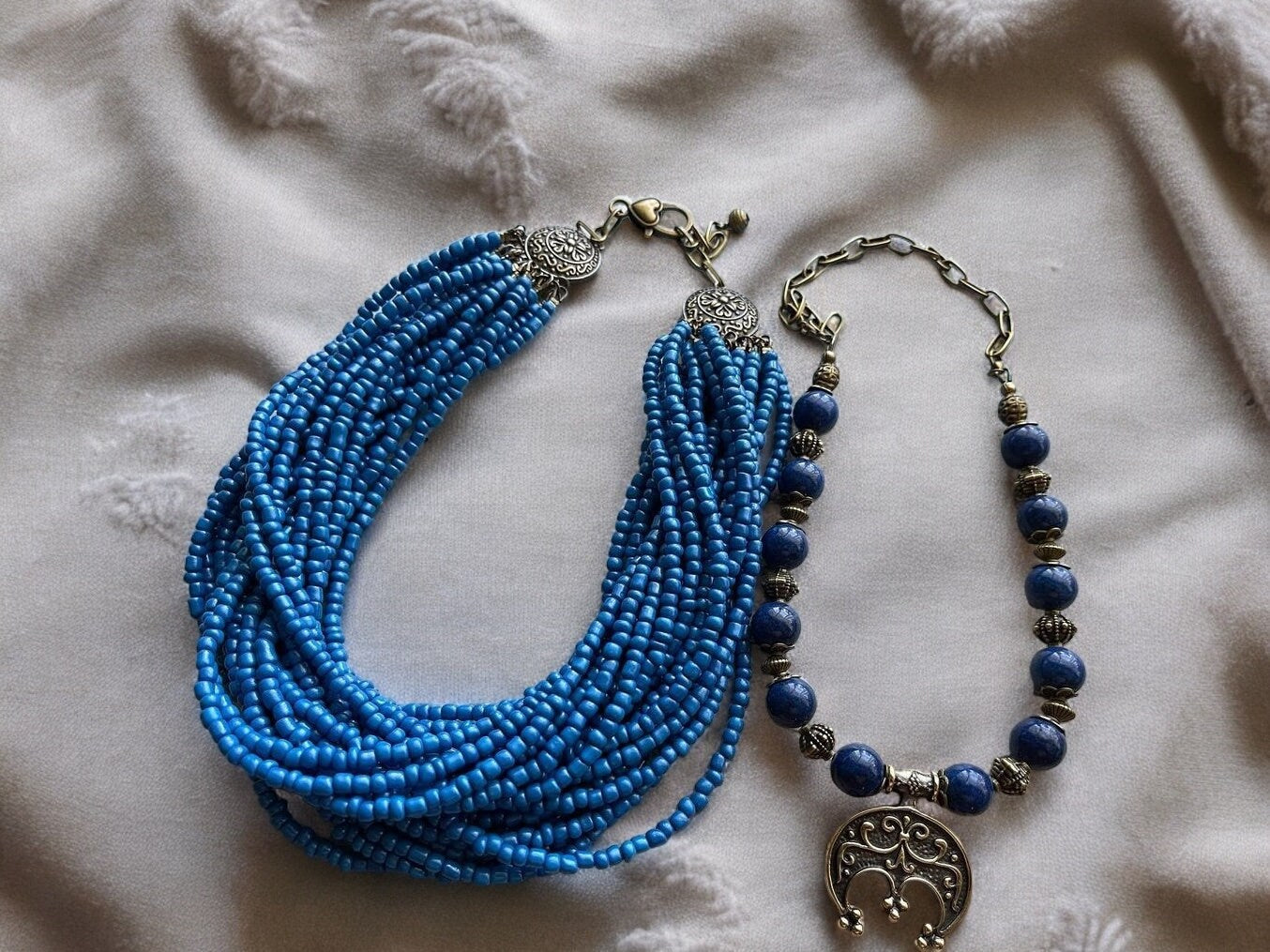 Blue Ukrainian Traditional Multirow Necklace & Earrings Set - Ethnic Ceramic & Glass Beads