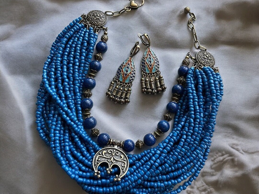 Blue Ukrainian Traditional Multirow Necklace & Earrings Set - Ethnic Ceramic & Glass Beads