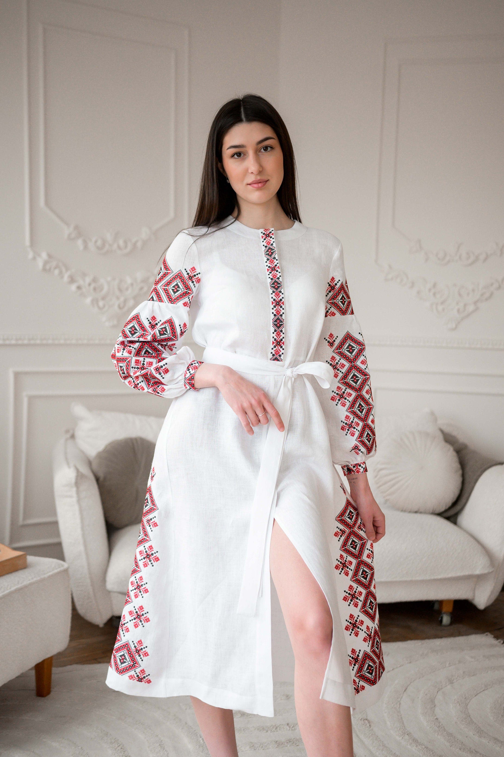 White Wedding Linen Dress with Exquisite Red Ukrainian Vyshyvanka Embroidery White Linen Embroidered Dress Ukrainian Dress Boho