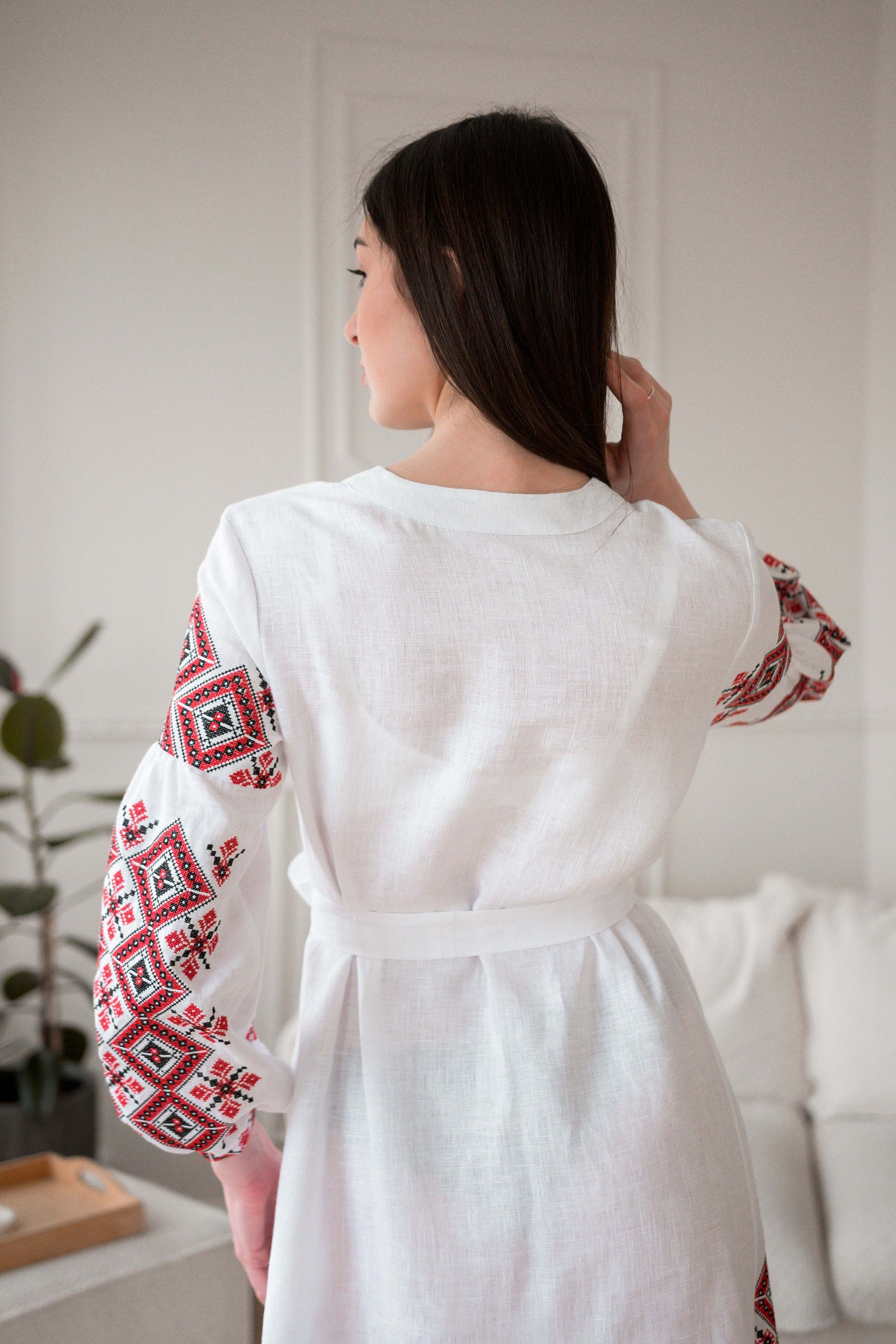 White Wedding Linen Dress with Exquisite Red Ukrainian Vyshyvanka Embroidery White Linen Embroidered Dress Ukrainian Dress Boho