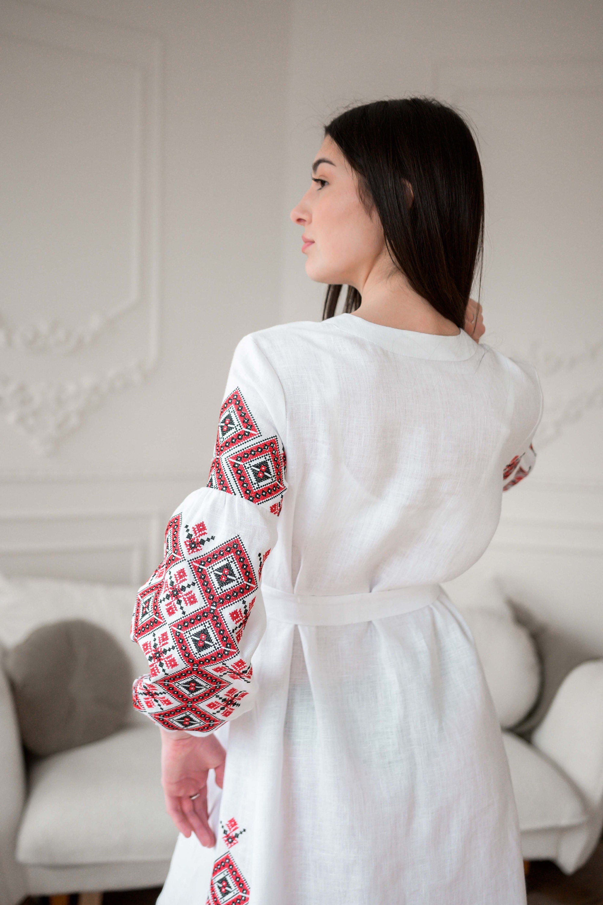 White Wedding Linen Dress with Exquisite Red Ukrainian Vyshyvanka Embroidery White Linen Embroidered Dress Ukrainian Dress Boho