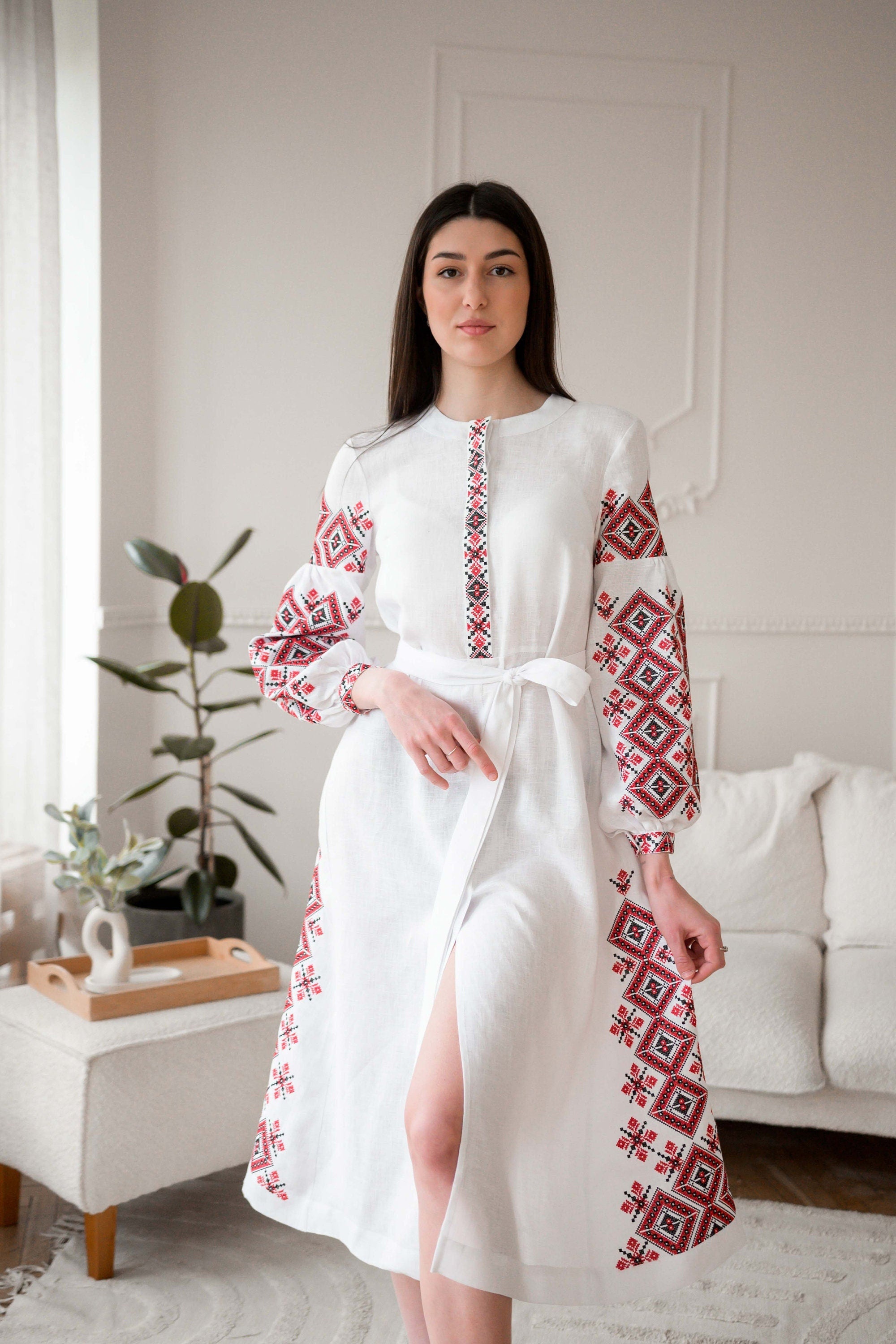 White Wedding Linen Dress with Exquisite Red Ukrainian Vyshyvanka Embroidery White Linen Embroidered Dress Ukrainian Dress Boho