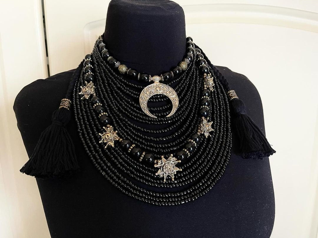 Black Ukrainian Necklace Traditional Glass Beads Jewelry Ethnic Necklace with Metal Hardware Glass Beads Gift for Her Gift for Girl