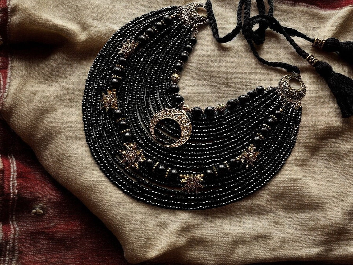 Black Ukrainian Necklace Traditional Glass Beads Jewelry Ethnic Necklace with Metal Hardware Glass Beads Gift for Her Gift for Girl