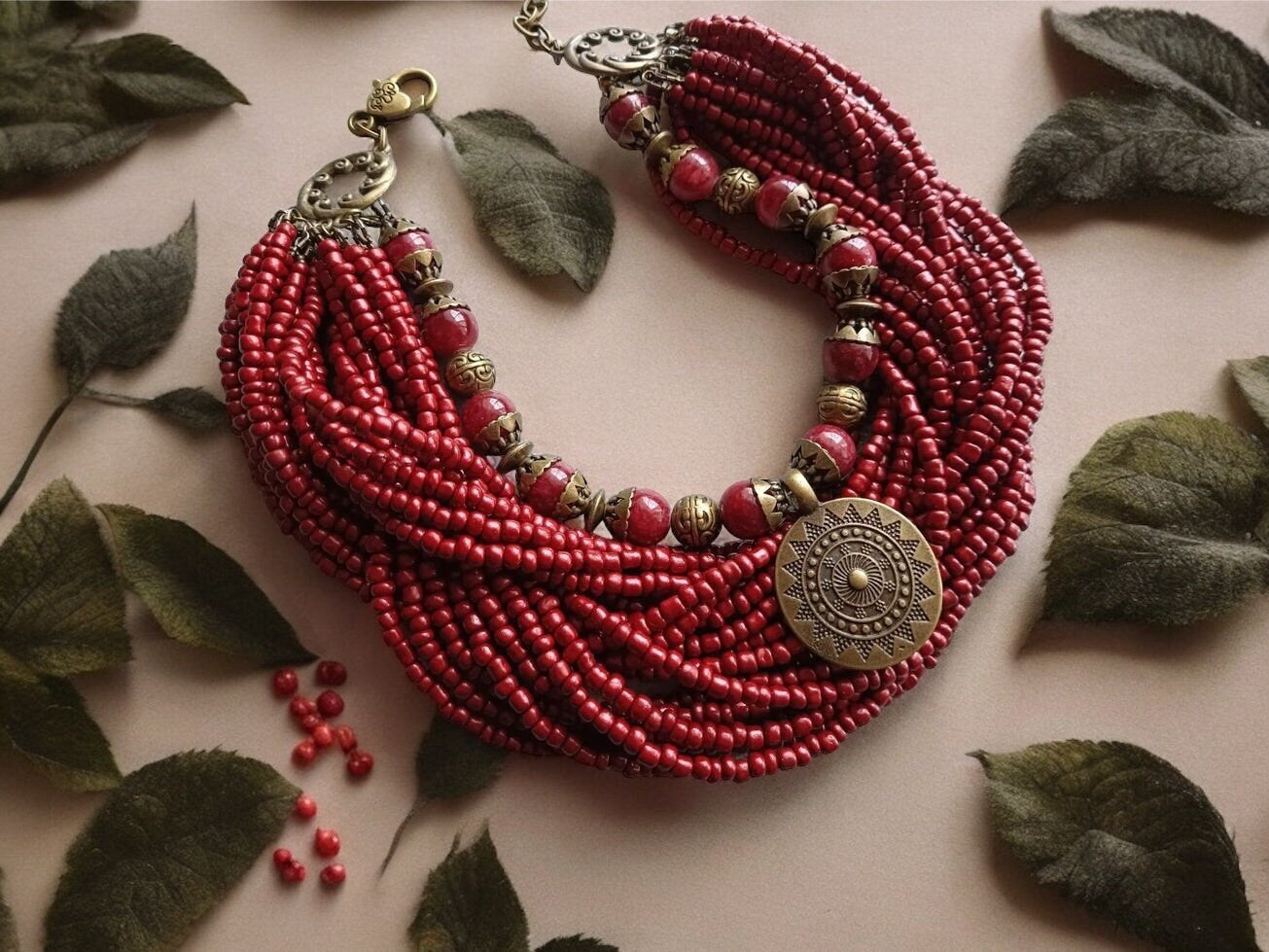 Folk Necklace Red Ukrainian Traditional Glass Beads Jewellery Ethnic Necklace Beads Ukrainian Folk Costume Folklore Art Gift for Women