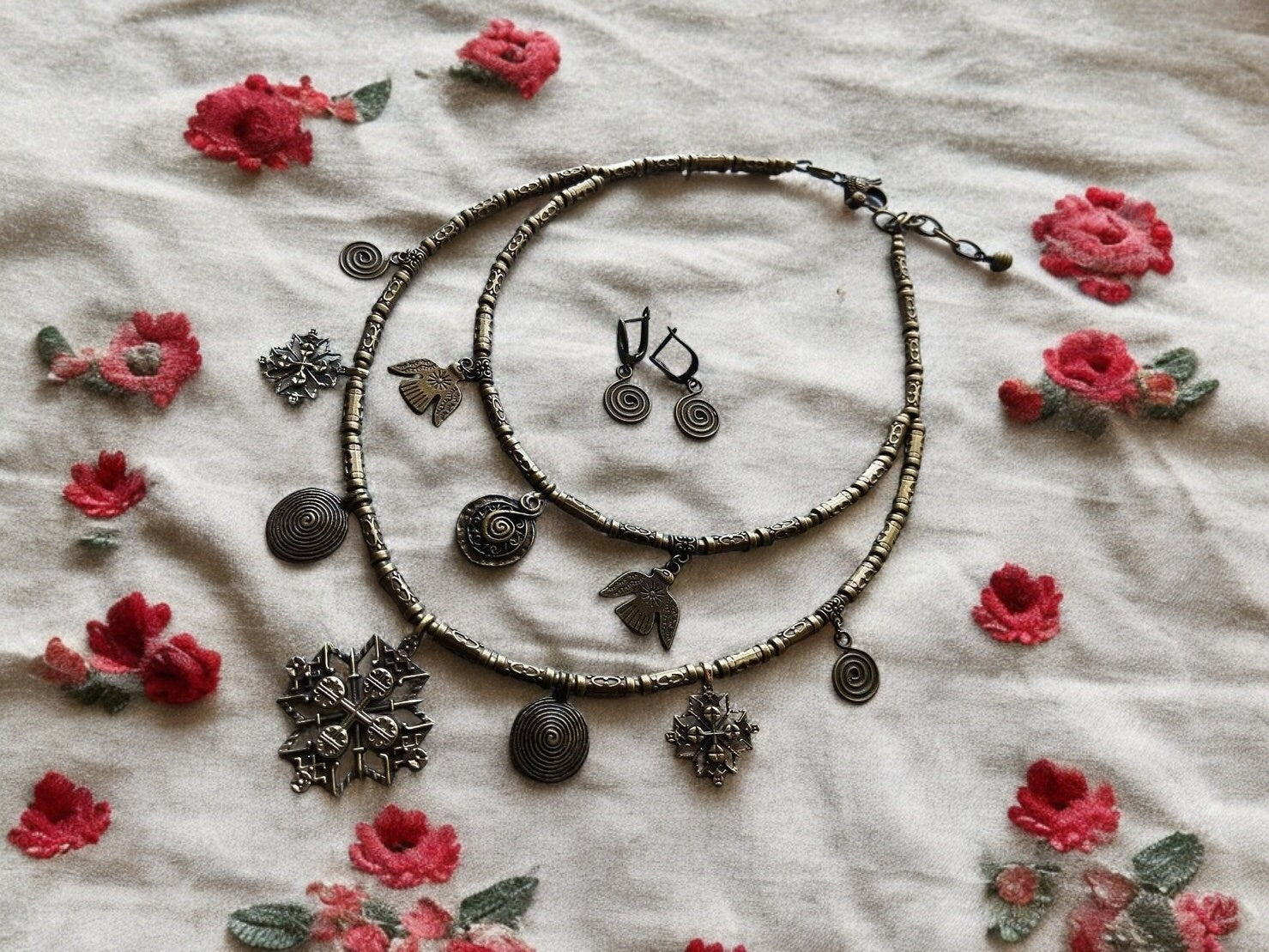 2025 SET Metal Necklace & Earrings - Ethnic Ukrainian Jewelry with Brass Pendants