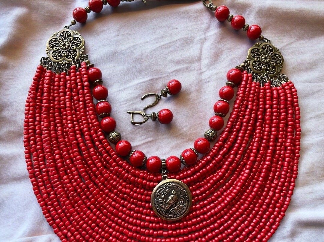 2025 SET Red Necklace & Earrings - Ukrainian Traditional Ethnic Jewelry with Glass Beads