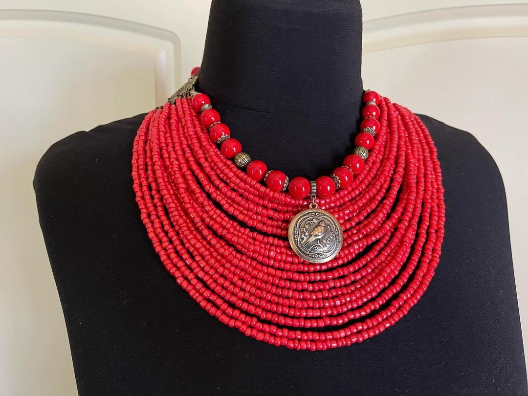2025 SET Red Necklace & Earrings - Ukrainian Traditional Ethnic Jewelry with Glass Beads