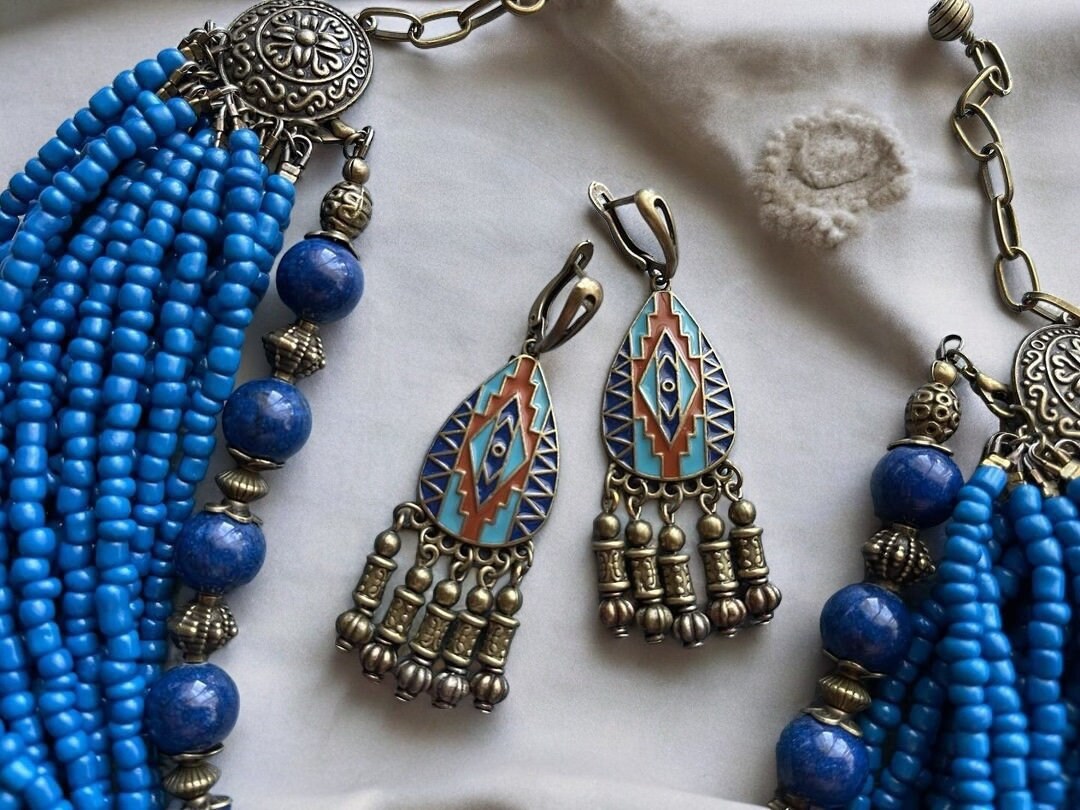 Blue Ukrainian Traditional Multirow Necklace & Earrings Set - Ethnic Ceramic & Glass Beads