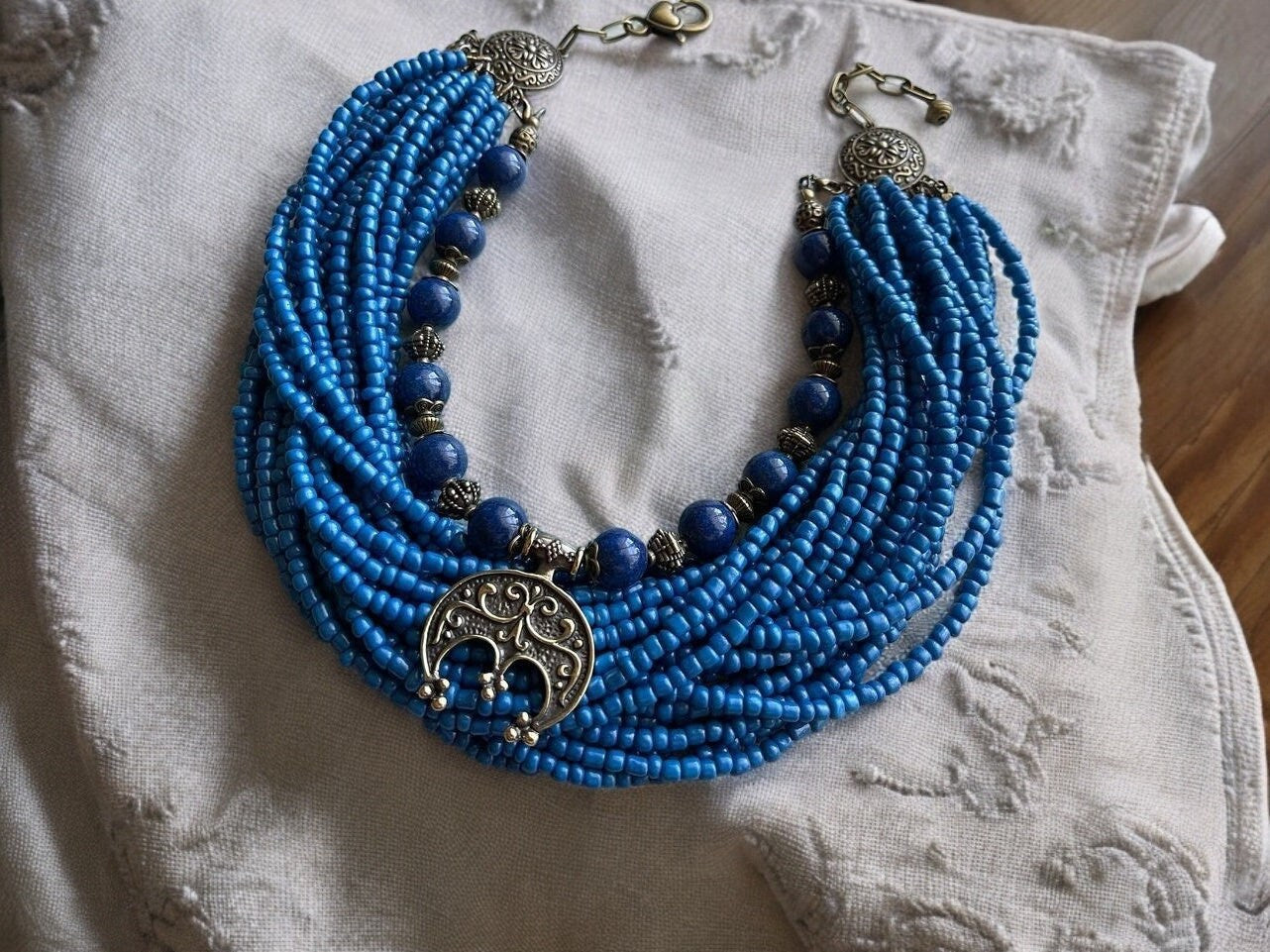 Blue Ukrainian Traditional Multirow Necklace & Earrings Set - Ethnic Ceramic & Glass Beads