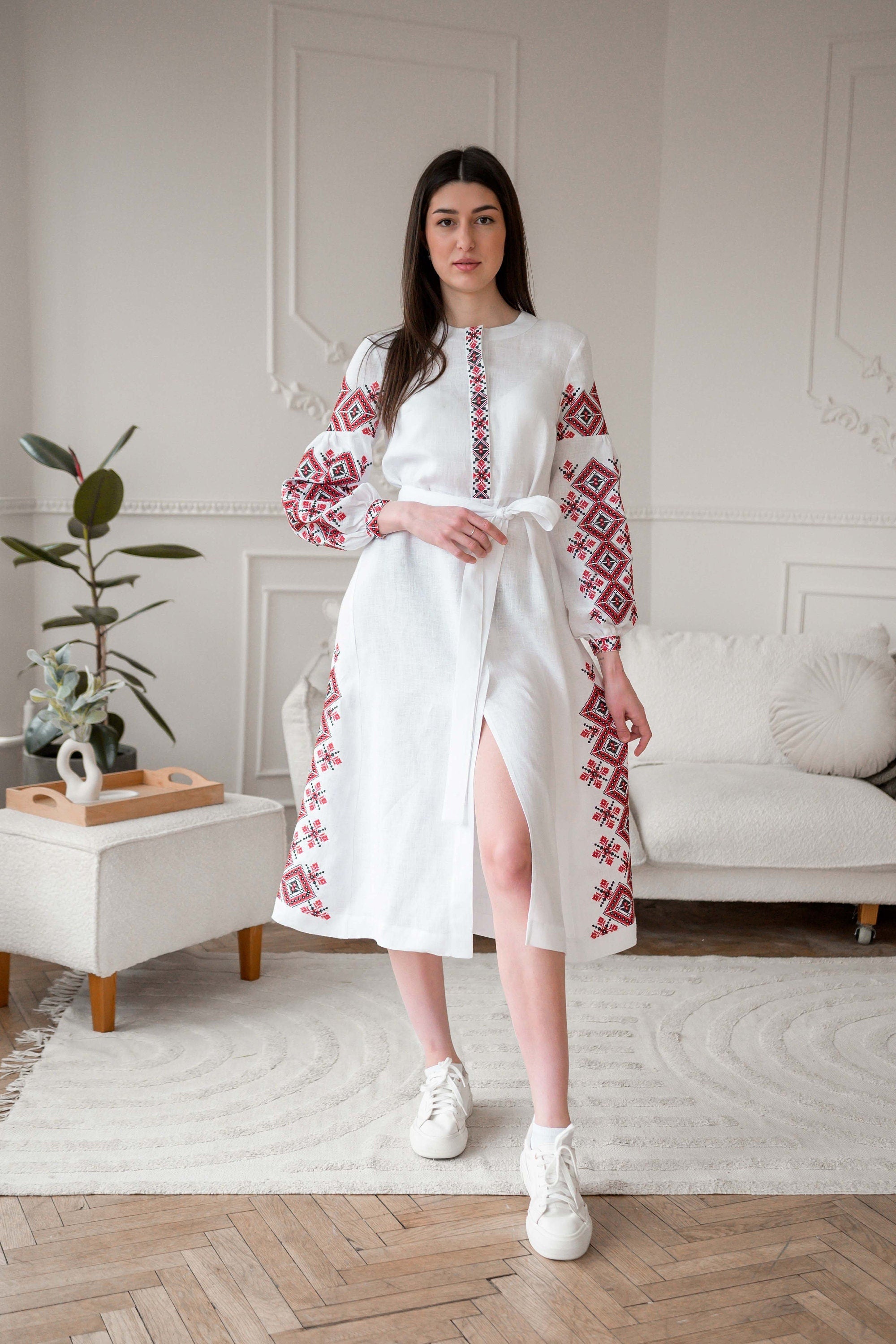 White Wedding Linen Dress with Exquisite Red Ukrainian Vyshyvanka Embroidery White Linen Embroidered Dress Ukrainian Dress Boho