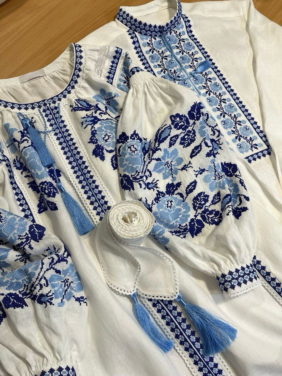Men's White Linen Vyshyvanka Shirt with Blue Embroidery