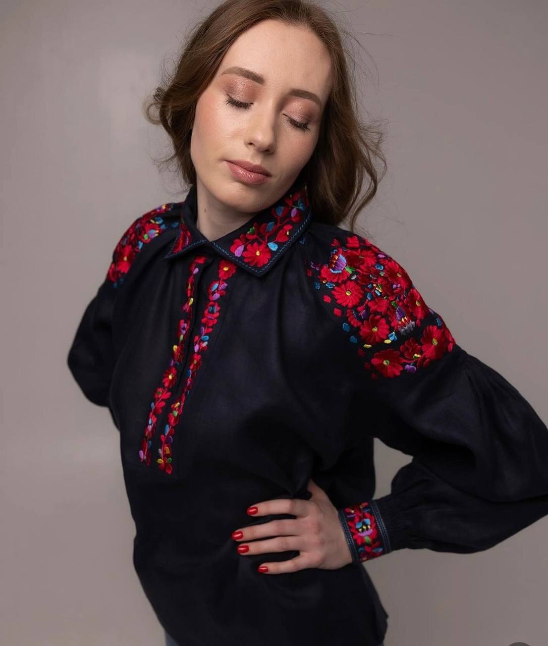 Dark Blue Embroidered Ukrainian Vyshyvanka Blouse - Bohemian Ethnic Shirt