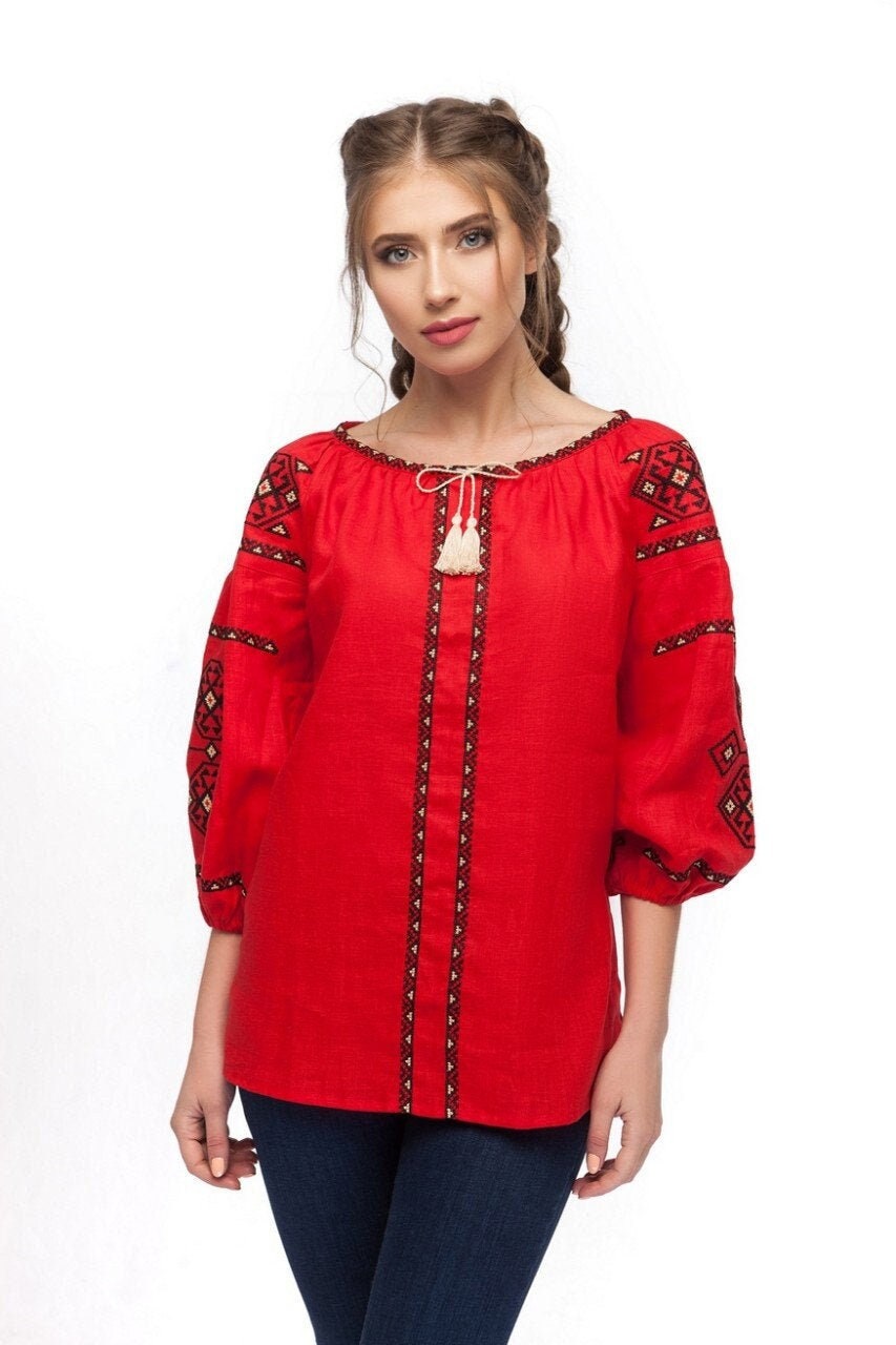 Red Embroidered Linen Ukrainian Vyshyvanka Blouse