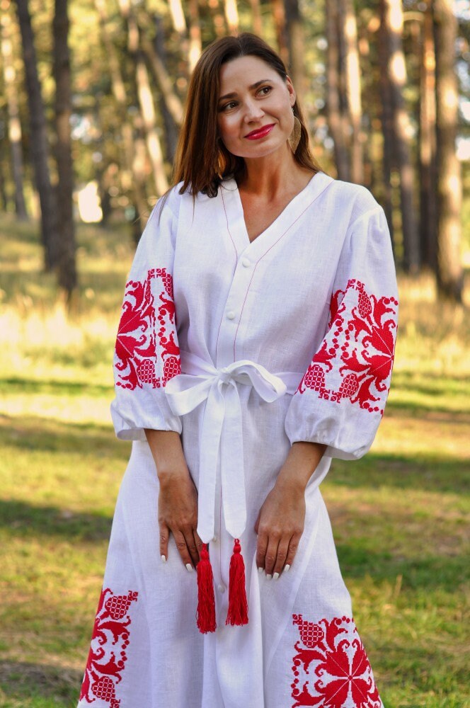White Linen Dress, Exquisite Vyshyvanka Embroidery, Boho Ukrainian Dress, Perfect Bridesmaid Gift and Gift for Her, Ethnic Ukrainian dress
