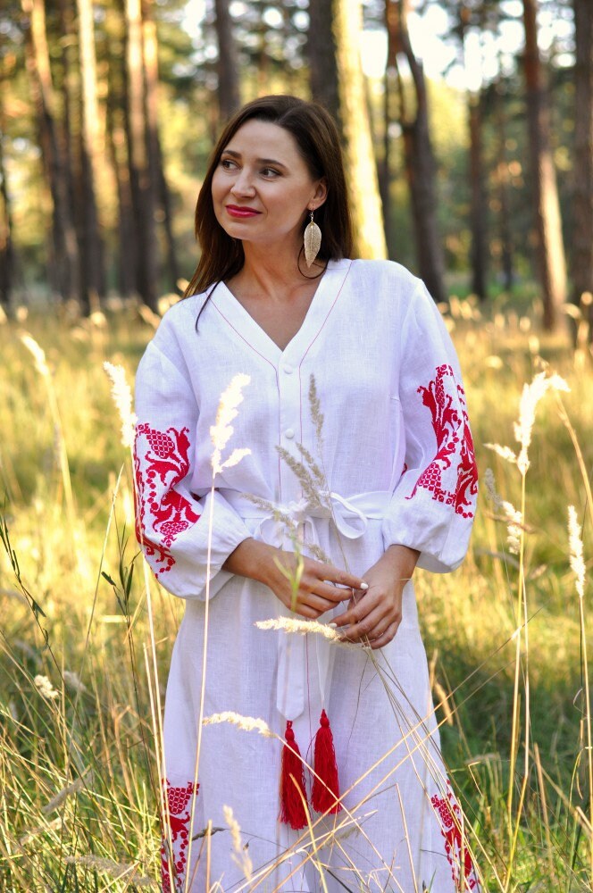 White Linen Dress, Exquisite Vyshyvanka Embroidery, Boho Ukrainian Dress, Perfect Bridesmaid Gift and Gift for Her, Ethnic Ukrainian dress