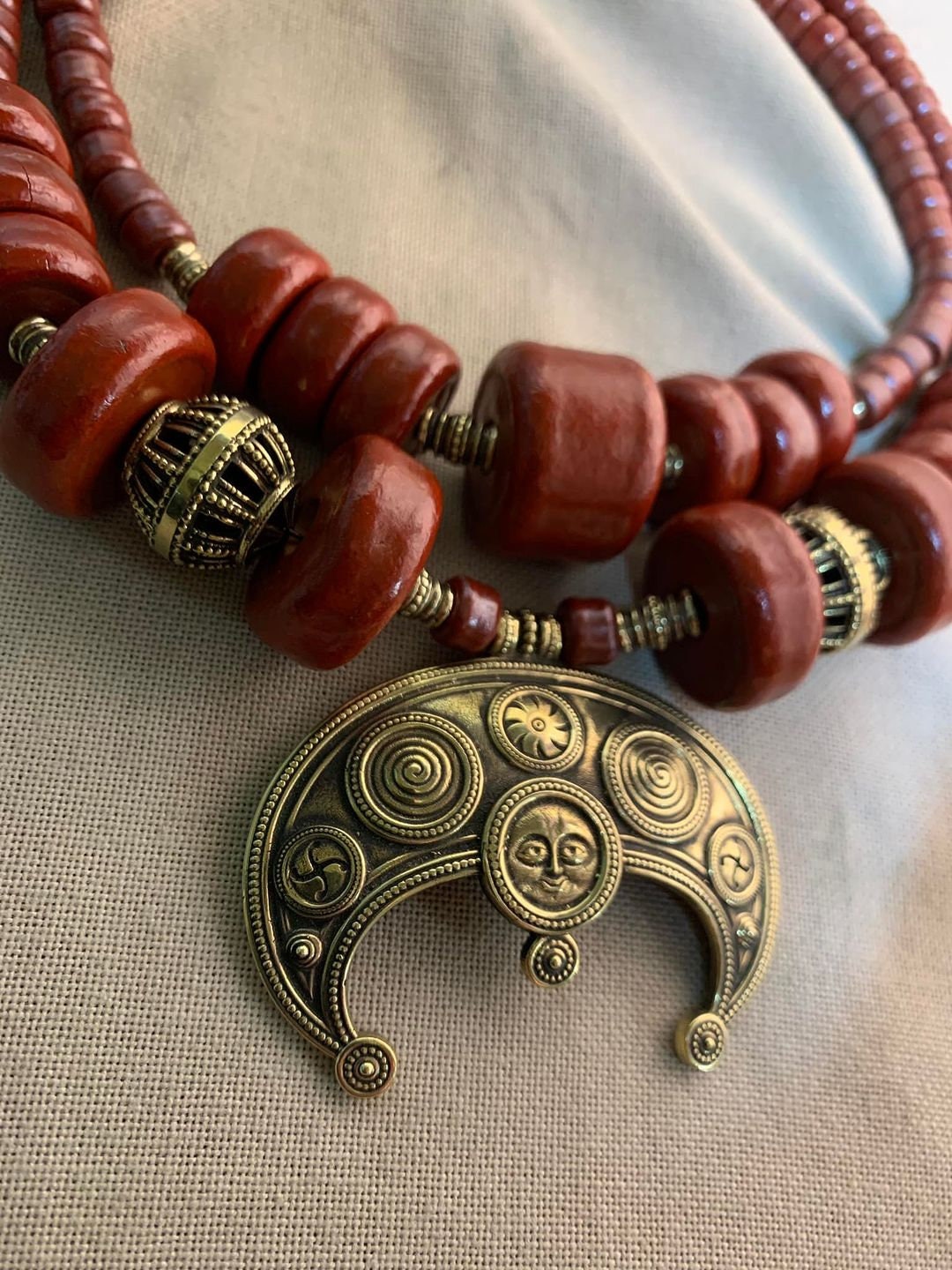Handmade Red Ukrainian Lunnitsa Necklace - Authentic Ethnic Jewelry and Folk Art Accessory
