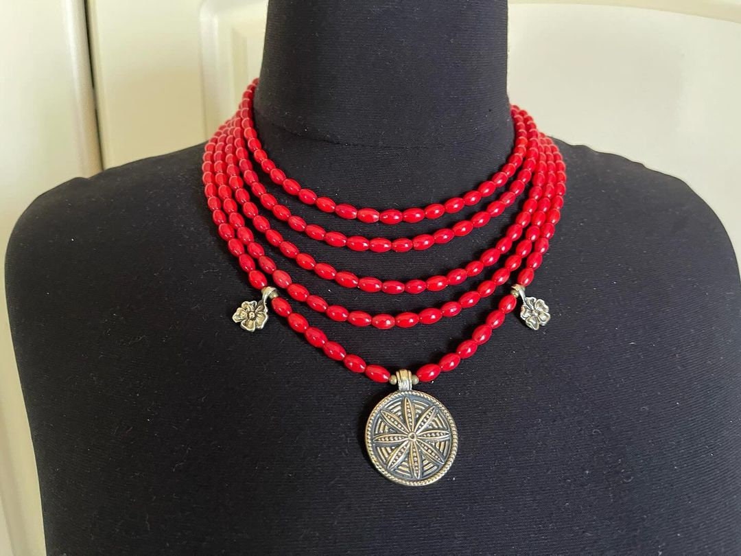 2025 Handmade Red Ukrainian Traditional Multirow Coral Necklace - Ethnic Jewelry for Women