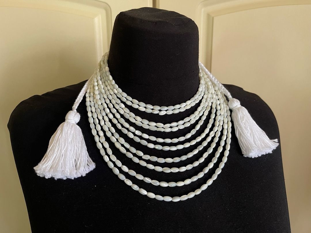 2025 White Ukrainian Traditional Necklace - Ethnic Ceramics Multirow Mother of Pearl Jewelry for Women