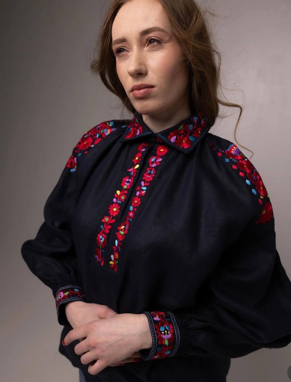 Dark Blue Embroidered Ukrainian Vyshyvanka Blouse - Bohemian Ethnic Shirt