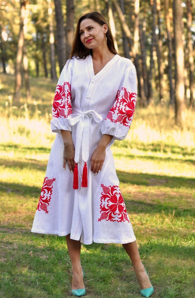 White Linen Dress, Exquisite Vyshyvanka Embroidery, Boho Ukrainian Dress, Perfect Bridesmaid Gift and Gift for Her, Ethnic Ukrainian dress