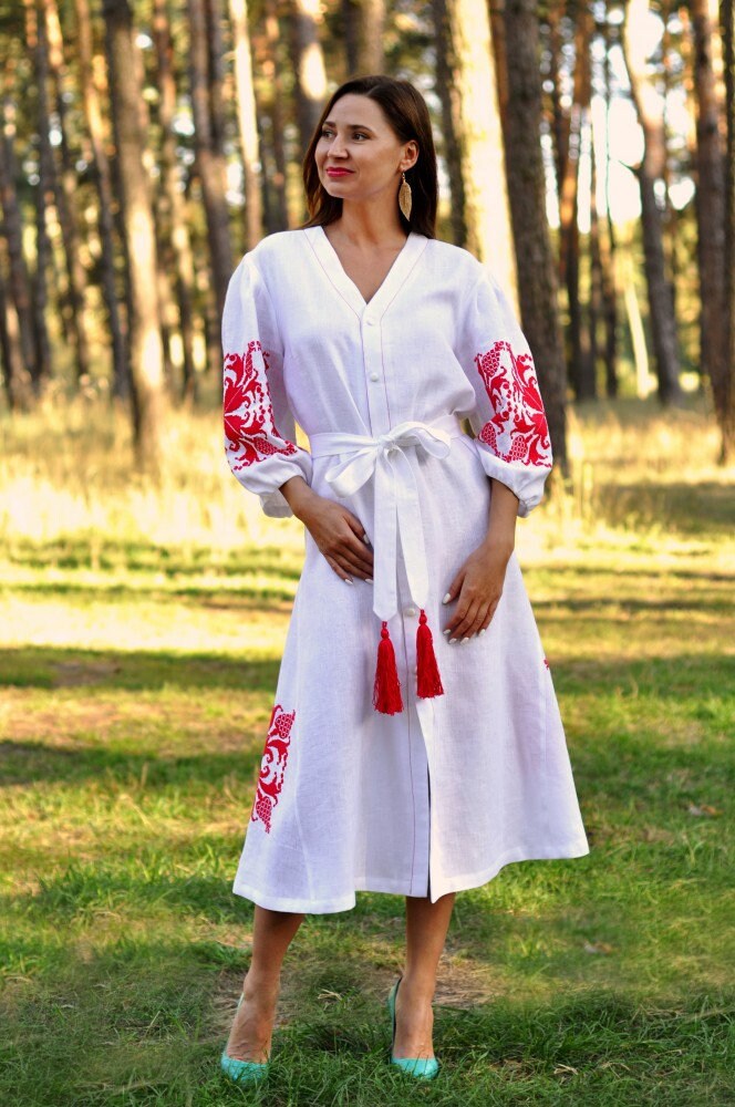 White Linen Dress, Exquisite Vyshyvanka Embroidery, Boho Ukrainian Dress, Perfect Bridesmaid Gift and Gift for Her, Ethnic Ukrainian dress
