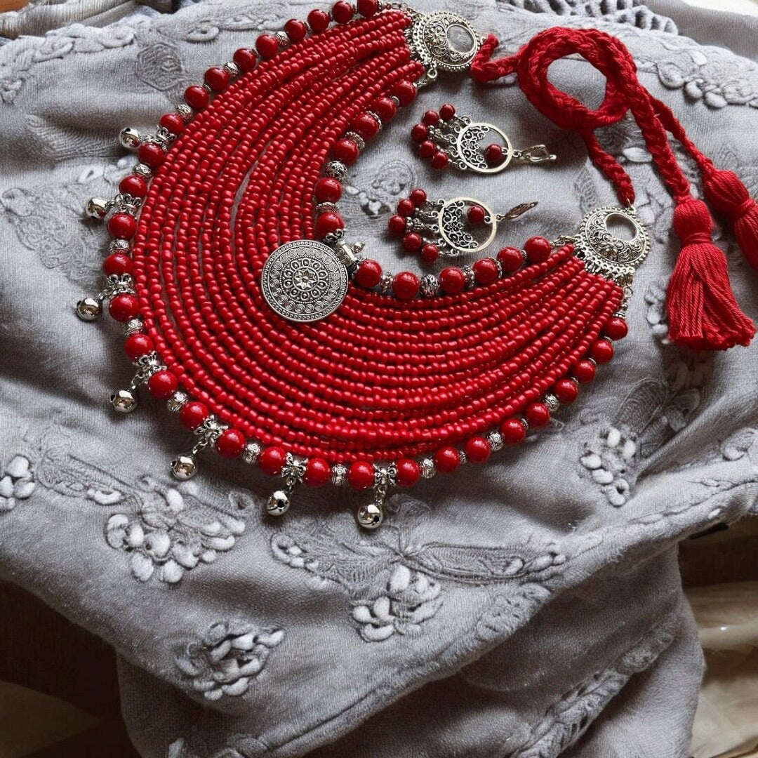 Ukrainian Traditional Coral Necklace | Multi-Row Ethnic Glass Bead Jewelry for Women