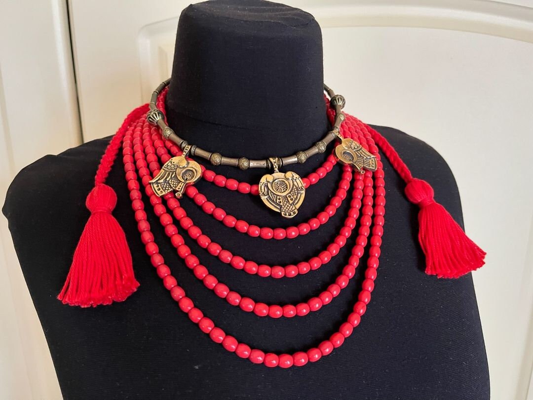 Handmade Ukrainian Red Glass Bead Necklace - Folk Art Jewelry