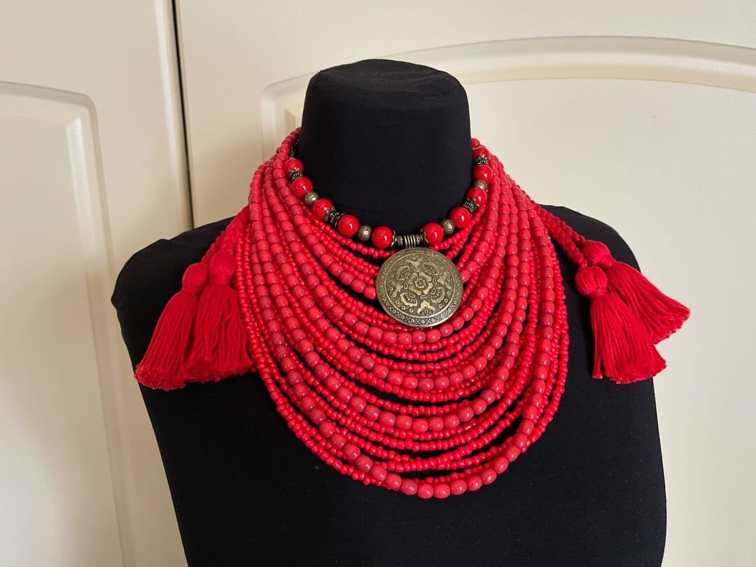 Handmade Ukrainian Red Glass Bead Necklace - Folk Art Jewelry